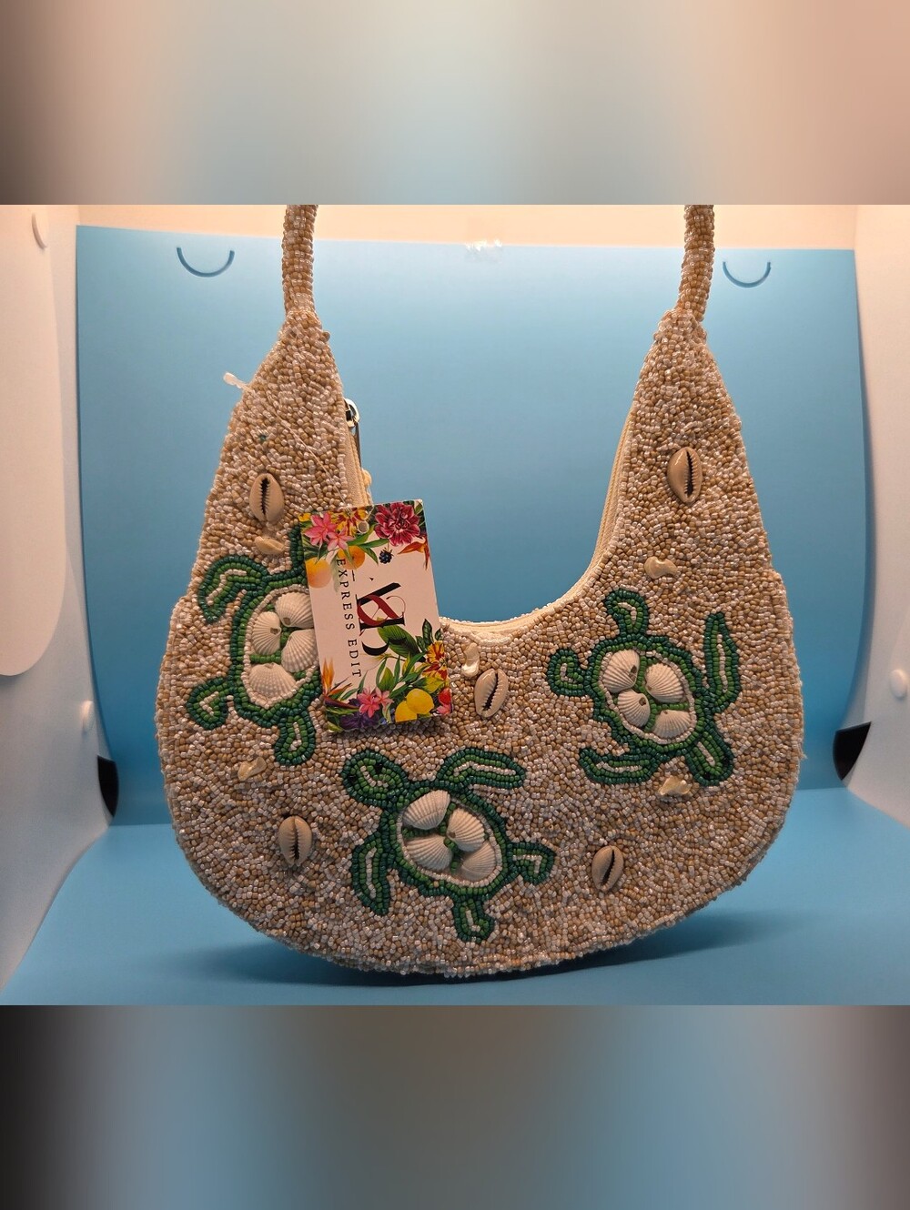 Express Edit Beaded Turtle Hobo Bag NWT Coastal Beach Cowrie Shell Purse
